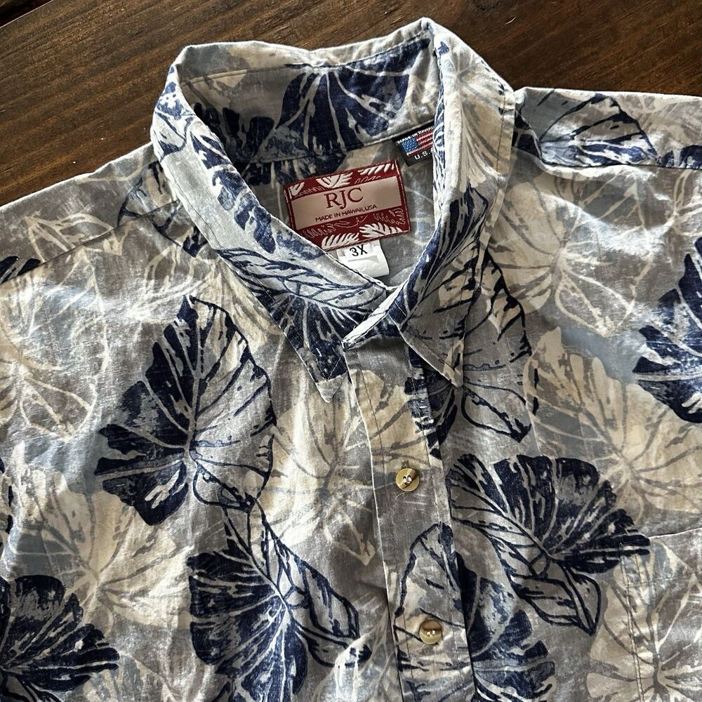 RJC Hawaiian Shirt Mens 3XL Blue Leaf Print Aloha Short Sleeve Button Front